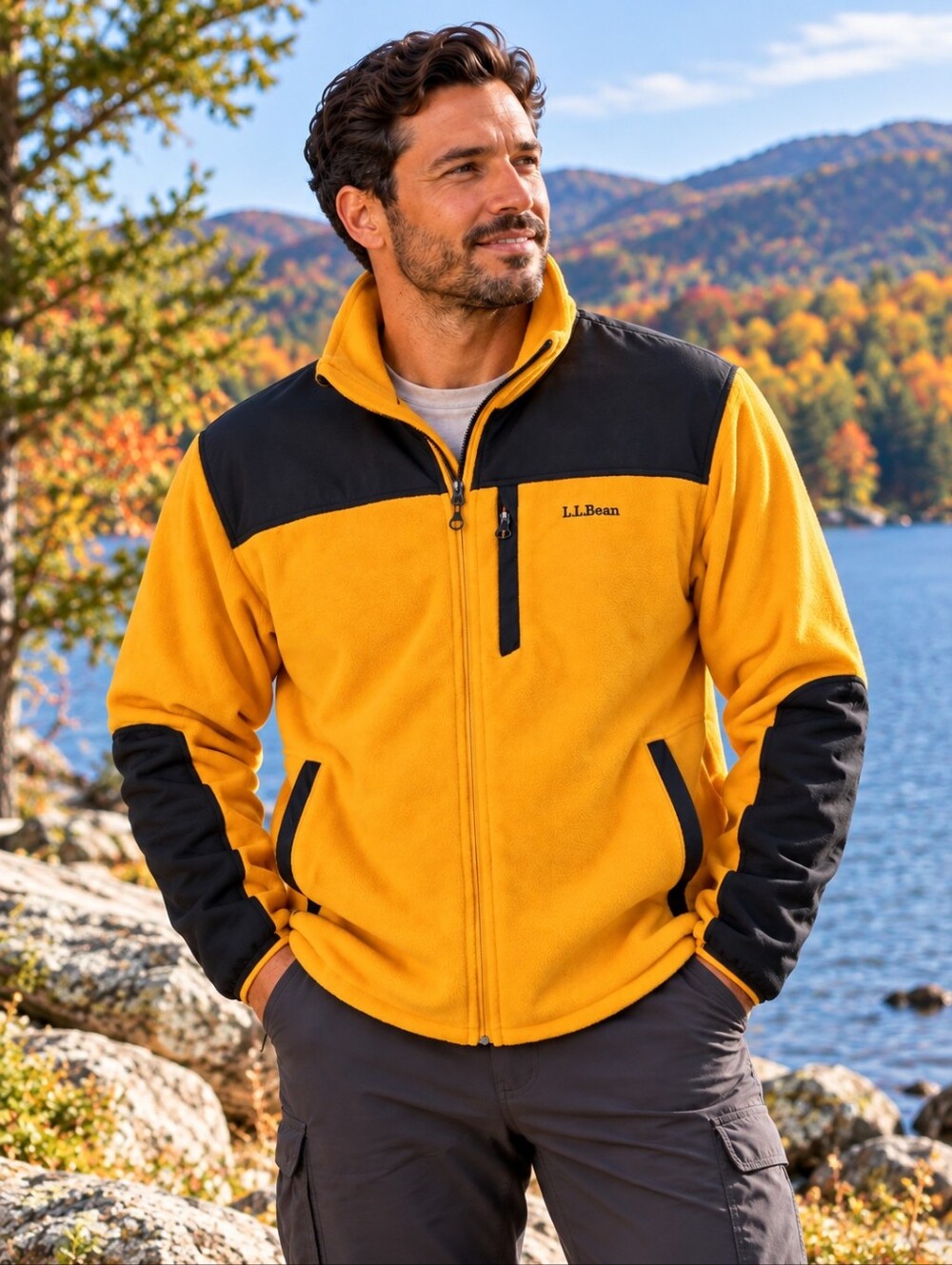 L.L.Bean Polartec Fleece Jacket Mens L Gold Black Full Zip Outdoor Pullover